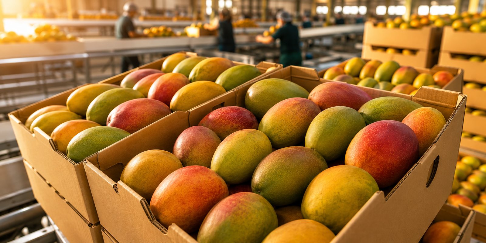 Egyptian mango export cartons prepared in the packing warehouse for air freight