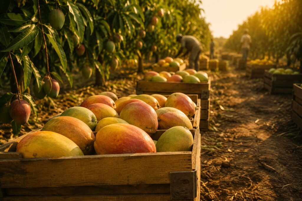 Egyptian mango harvest in the orchard at golden hour