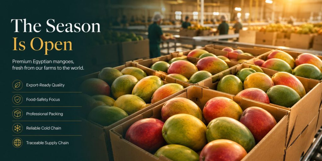 Egyptian mango season is open — export cartons banner