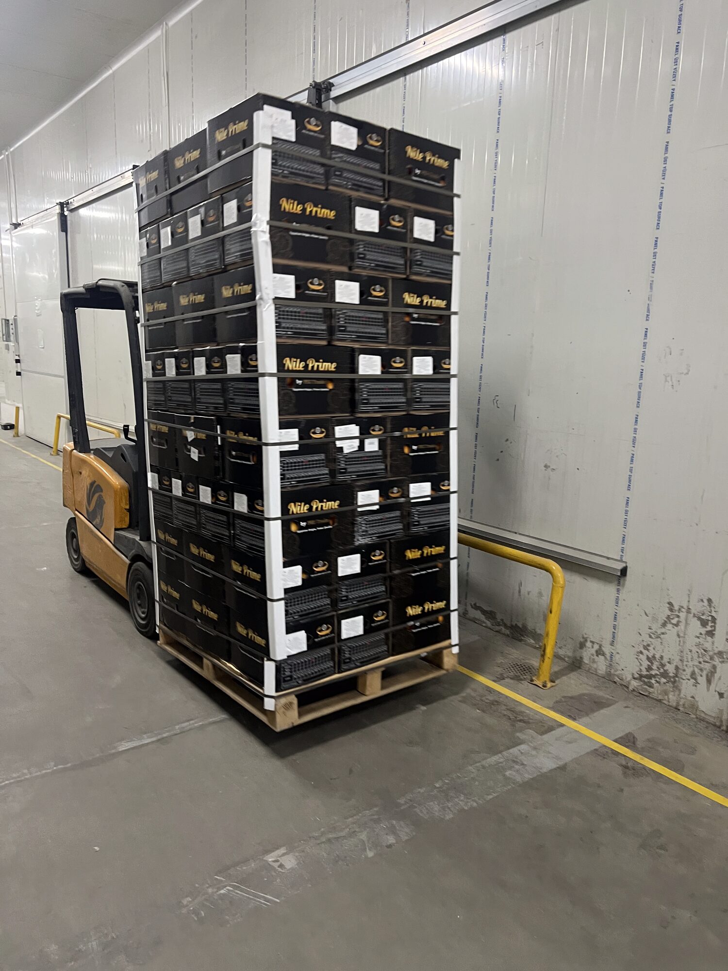 Forklift carrying a palletised orange export load