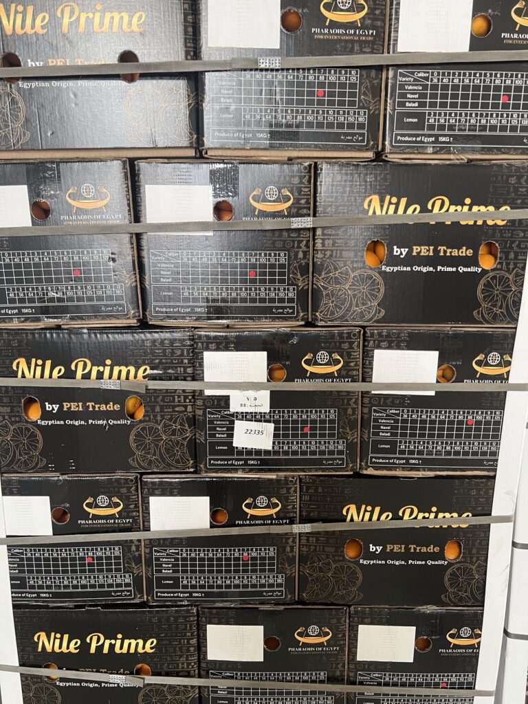 Palletised Nile Prime orange export cartons in the packhouse